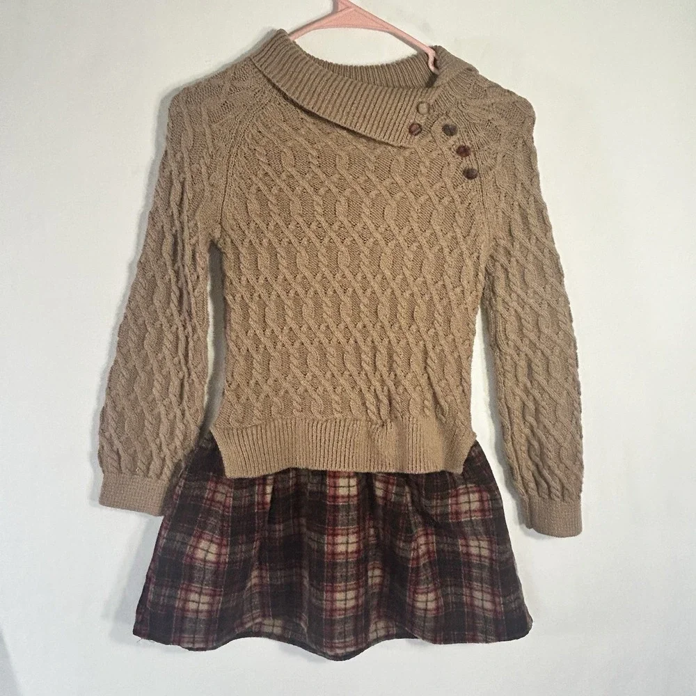 Tommy Hilfiger Cable Knit Sweater Dress Plaid Skirt Button Cowl Neck Tan Girls 7